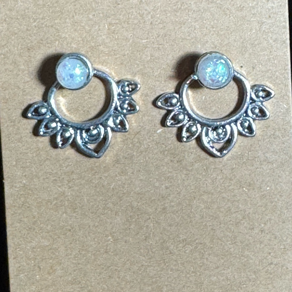 Silver Tone White Lotus Opal Ear Jacket Double Sided Post Earrings